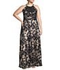 Betsy & Adam Plus Size Metallic Crinkle Sleeveless Halter Neck Foil Floral Print A-Line Gown, Color:Navy/Gunmetal - Image 1