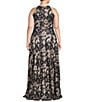 Betsy & Adam Plus Size Metallic Crinkle Sleeveless Halter Neck Foil Floral Print A-Line Gown, Color:Navy/Gunmetal - Image 2