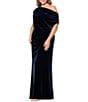 Betsy & Adam Plus Size One Shoulder Draped Neck Ruched Bodice Long Dress - Image 3