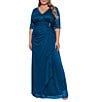 Betsy & Adam Plus Size Sequin Lace V-Neck 3/4 Sleeve Gown, Color:Peacock - Image 1