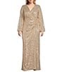 Betsy & Adam Plus Size Sequin V-Neck Wrap Long Sleeve Ruched Gown, Color:Gold - Image 1