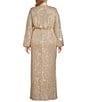 Betsy & Adam Plus Size Sequin V-Neck Wrap Long Sleeve Ruched Gown, Color:Gold - Image 2