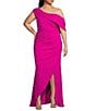 Betsy & Adam Plus Size Short Flutter Sleeve One Shoulder Scuba Crepe Dress, Color:New Fushia - Image 1