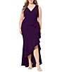 Betsy & Adam Plus Size Sleeveless V-Neck Cascade Ruffle Scuba Crepe Gown, Color:Mulberry - Image 1