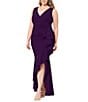 Betsy & Adam Plus Size Sleeveless V-Neck Cascade Ruffle Scuba Crepe Gown, Color:Mulberry - Image 3