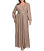 Betsy & Adam Plus Size Surplice Neck Draped Waist Long Sleeve Shimmer Dress - Image 1