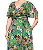 Betsy & Adam Plus Size V-Neck Short Flutter Sleeve Floral Chiffon Dress, Color:Green - Image 4