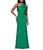 Betsy & Adam Satin Bow One Shoulder Scuba Crepe Sleeveless Mermaid Gown, Color:Green - Image 1