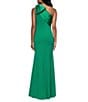 Betsy & Adam Satin Bow One Shoulder Scuba Crepe Sleeveless Mermaid Gown, Color:Green - Image 2