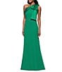 Betsy & Adam Satin Bow One Shoulder Scuba Crepe Sleeveless Mermaid Gown, Color:Green - Image 3