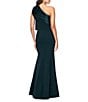 Betsy & Adam Satin Bow One Shoulder Scuba Crepe Sleeveless Mermaid Gown, Color:Pine - Image 2