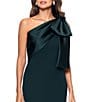 Betsy & Adam Satin Bow One Shoulder Scuba Crepe Sleeveless Mermaid Gown, Color:Pine - Image 3