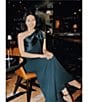 Betsy & Adam Satin Bow One Shoulder Scuba Crepe Sleeveless Mermaid Gown, Color:Pine - Image 6