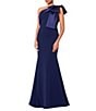 Betsy & Adam Satin Bow One Shoulder Scuba Crepe Sleeveless Mermaid Gown, Color:Navy - Image 3