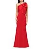 Betsy & Adam Satin Bow One Shoulder Scuba Crepe Sleeveless Mermaid Gown, Color:Red - Image 1