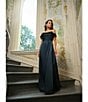 Betsy & Adam Satin Ruched Off The Shoulder Gown, Color:Pine - Image 6