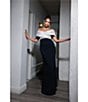 Betsy & Adam Scuba Crepe & Mikado Off-The-Shoulder Pleated Bodice Mermaid Gown, Color:Champ/Black - Image 4