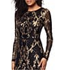 Betsy & Adam Sequin Crew Neck Long Illusion Sleeve Sheath Gown, Color:Black/Gold - Image 4