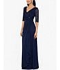Color:Navy - Image 3 - Sequin Lace V-Neck 3/4 Sleeve Gown