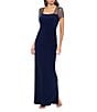 Betsy & Adam Square Neck Short Beaded Sleeve Open Back Gown