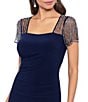 Betsy & Adam Square Neck Short Beaded Sleeve Open Back Gown