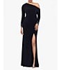 Color:Black/Silver - Image 1 - Stretch Off the Shoulder Long Sleeve Beaded Cuff Ruched Waist Gown