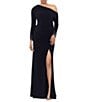 Betsy & Adam Stretch Off the Shoulder Long Sleeve Beaded Cuff Ruched Waist Gown - Image 1