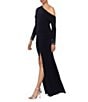 Betsy & Adam Stretch Off the Shoulder Long Sleeve Beaded Cuff Ruched Waist Gown - Image 3