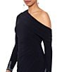 Betsy & Adam Stretch Off the Shoulder Long Sleeve Beaded Cuff Ruched Waist Gown - Image 4