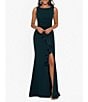 Color:Pine - Image 1 - Stretch Scuba Crepe Boat Neck Sleeveless Cascading Ruffle Gown