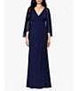 Color:Navy - Image 1 - Stretch V-Neck Sleeveless Cape Back Twisted Bodice Gown