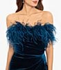 Color:Teal - Image 3 - Stretch Velvet Strapless Feather Trim Ruched Dress