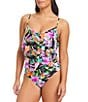 Color:Black Multi - Image 1 - Bora Bora Bay Floral Print Geometric Overlay Sweetheart Neck One Piece Swimsuit