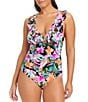 Color:Black Multi - Image 1 - Bora Bora Bay Floral Print Ruched Ruffle Plunge One Piece Swimsuit