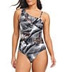 Color:Black/White - Image 1 - Giving Attitude Palm Print V-Neck Mesh Cut-Out One Piece Swimsuit