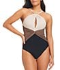 Color:Tripoli - Image 1 - Solid Essentials Halter Twisted Keyhole Neck One Piece Swimsuit