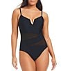 Color:Black - Image 1 - Solid Essentials Mesh Cut-Out Hardware One Piece Swimsuit