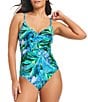 Color:Green Multi - Image 1 - The Tanya Tropical Palm Print V-Neck Ruched Front Low Scoop Back One Piece Swimsuit