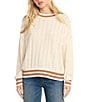 Billabong Classic Days Striped Trim Long Sleeve Open Weave Loose Knit Sweater, Color:Whitecap - Image 1