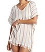 Color:Toffee - Image 4 - Walk Away Crinkle Striped V-Neck Fringe Swim Cover Up Dress