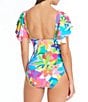 Color:Multi - Image 2 - Away We Go Floral Print Ruffle Sleeve Plunge One Piece Swimwear