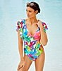 Color:Multi - Image 4 - Away We Go Floral Print Ruffle Sleeve Plunge One Piece Swimwear