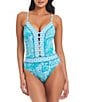 Color:Cool - Image 1 - Coastal Cool Printed Plunge Neck X-Back Mio One Piece Swimsuit