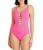 Color:Pink Bling - Image 1 - Paradise Found Lace Down Bead One-Piece Swimsuit