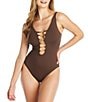 Color:Dark Chocolate - Image 1 - Paradise Found Lace Down Bead One-Piece Swimsuit