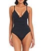 Color:Black - Image 1 - Pulling Strings Solid V-Neck Shirred Bodice Knot Detail One Piece Swimsuit