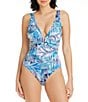 Color:Navy - Image 1 - Shady Days Printed Shirred Plunge U-Wire One Piece Swimsuit