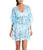 Color:Coldwater - Image 1 - Sun Day Fun Day Printed V-Neck Short Sleeve Caftan Swim Cover-Up