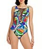 Color:Multi - Image 1 - The Mix Lattice Front Printed Plunge Neck One Piece Swimsuit