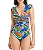 Color:Multi - Image 1 - The Mix Shirred Printed Cap Sleeve One Piece Swimsuit